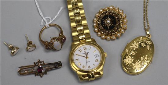 A 9ct gold engraved locket on fine chain, an amethyst bar brooch, a 9ct gold opal ring and four other items,